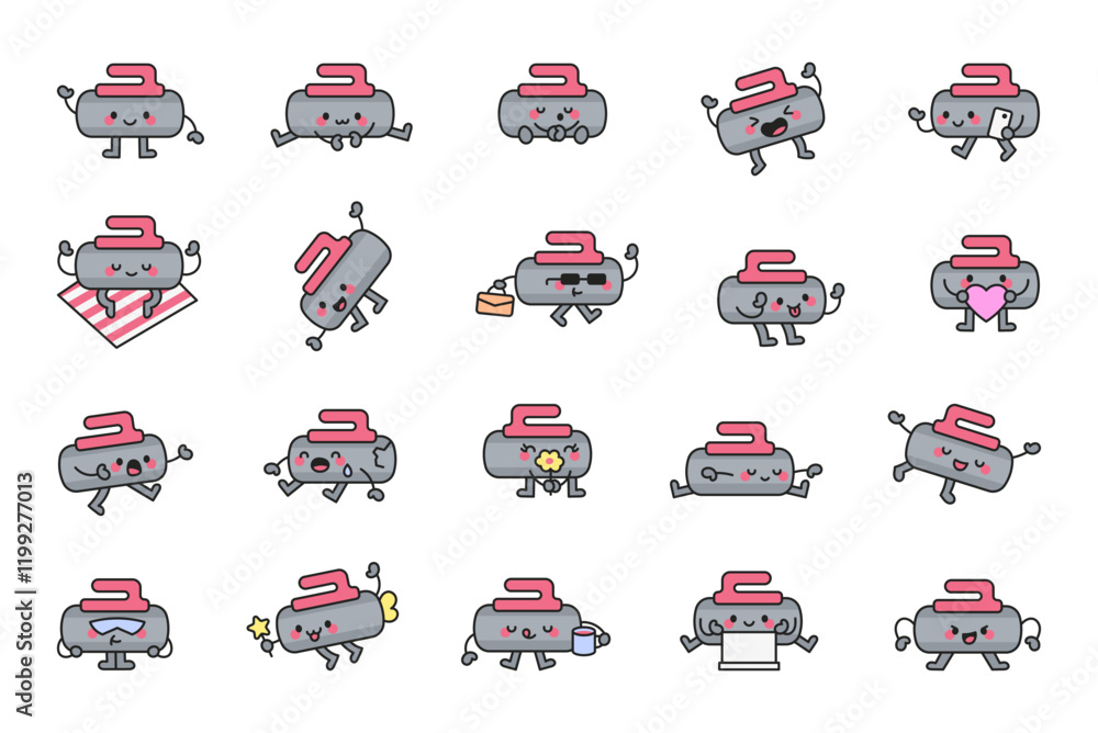 Charming set of cute kawaii curling stone cartoon characters showcasing emotions, greeting, dancing, heart, magic wand, beverage, laptop for creative illustration and design ideas Charming set of cute kawaii curling stone cartoon characters showcasing emotions, greeting, dancing, heart, magic wand, beverage, laptop for creative illustration and design ideas