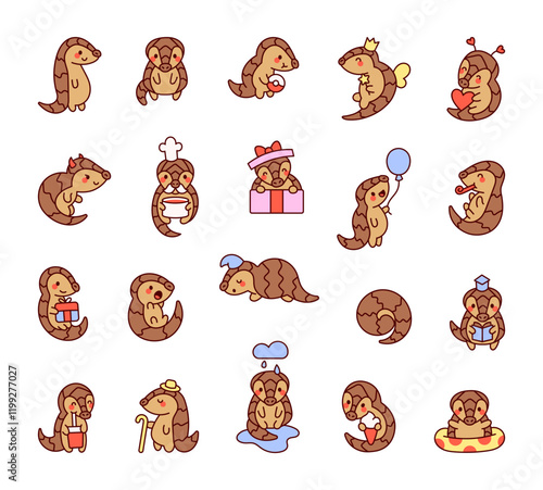 Funny pangolin scaly cartoon set showcasing delightful characters in various emotions and poses, ncluding smiling, from celebrating birthdays to enjoying donut and holding balloon.