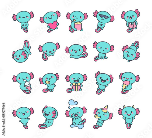 Set of axolotl animal cute kawaii cartoon character with emotion, joy, fun, action, love, creativity, entertainment, water, holiday illustrations for fun creative design