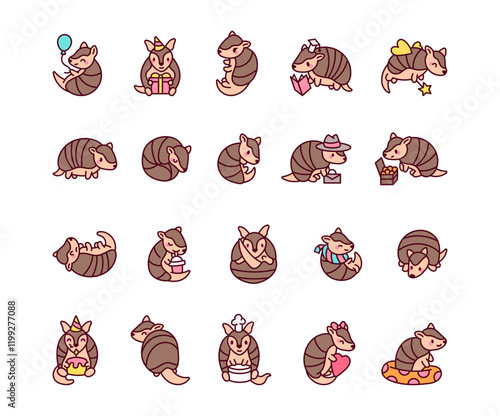 Adorable armadillo animal set featuring kawaii cartoon characters holding heart, celebrating birthday, reading book, eating snack, drinking, and showing charming poses