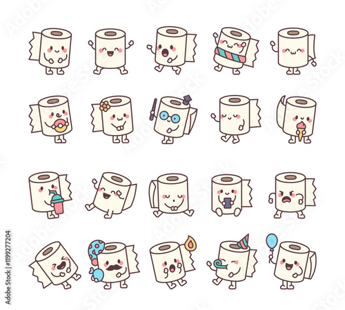 Set of cute toilet paper characters with different emotions, actions, poses, accessories and funny facial expressions for kawaii cartoon illustrations and creative designs