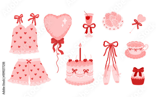Set of coquette ribbon bows, pajama, heart shaped balloon, cake,cupcake, cup, ballet shoes, lollipop, madeleine cookies, with cherries. Elegant vintage clipart. Collection with festive decor elements