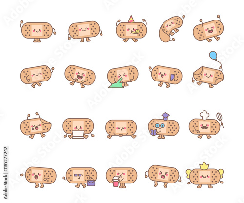 Set of patch characters with different emotions and poses, and holding balloon, book, smartphone, corolla, briefcase, takeaway cup, and greeting, celebration