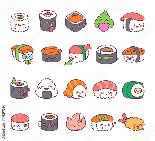 Sushi character set with kawaii cartoon emotions, cute smiling faces, different poses and food themed items for friendly creative design illustrations and decoration elements