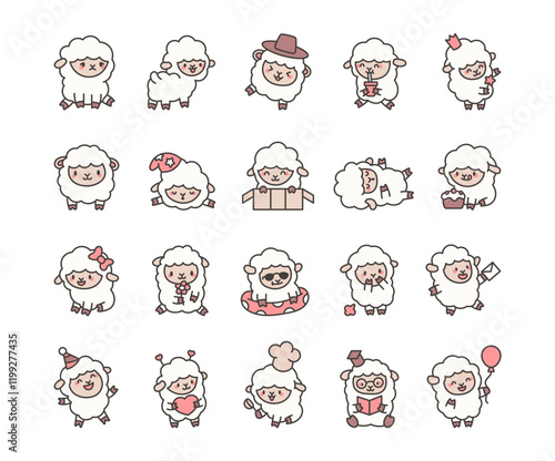 Set of cute sheep cartoon characters with various accessories and poses, including hearts, cake, balloon and creative elements like fairy wand, chef hat, and party themes