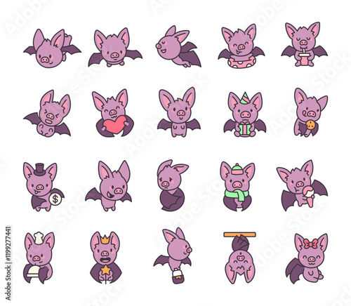 Adorable bat characters set with kawaii cartoon animals showing unique emotions and holding various accessories for celebrations, holidays, special moments, and everyday activities