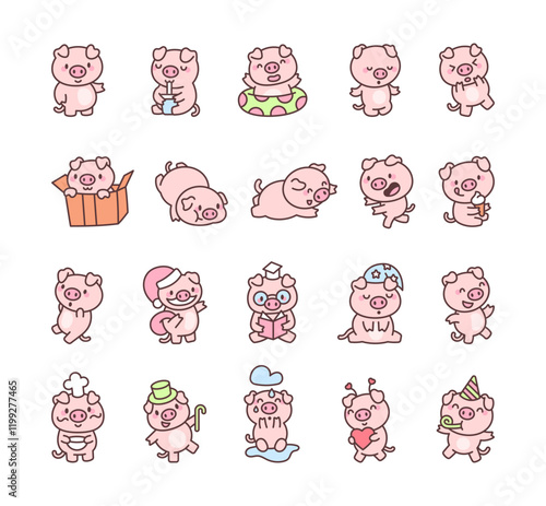Cute kawaii pig cartoon character set with various emotions, joyful expressions, creative delightful poses, and animal themed designs for celebration and relaxation illustrations