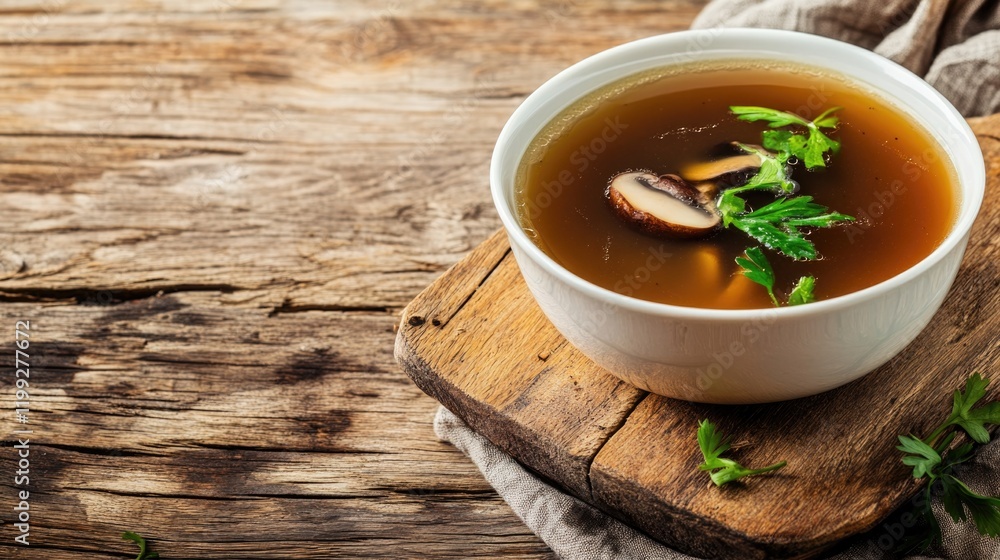 Warm aromatic broth garnished with fresh herbs in rustic wooden Warm aromatic broth garnished with fresh herbs in rustic wooden