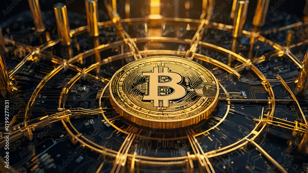 Obraz premium Golden Bitcoin symbol surrounded by futuristic digital technology elements and glowing blockchain connections
