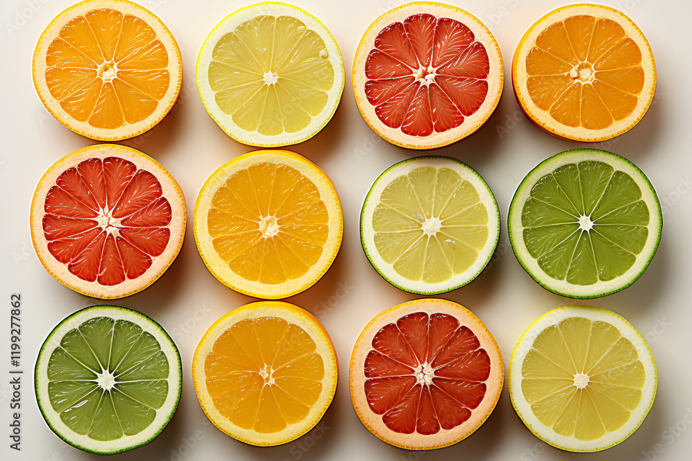 Obraz premium Beautiful citrus fruits pattern such as orange and lemon, flat lay on white background