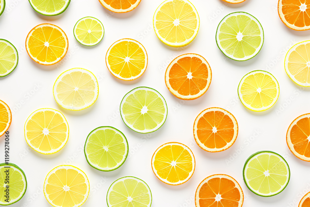 Beautiful citrus fruits pattern such as orange and lemon, flat lay on white background Beautiful citrus fruits pattern such as orange and lemon, flat lay on white background