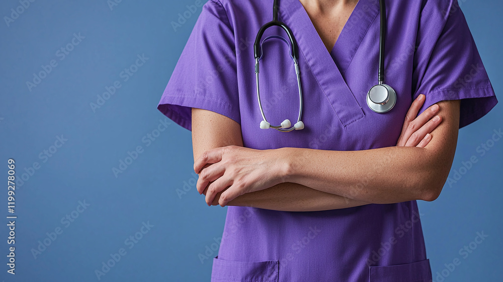 Professional healthcare worker in purple scrubs with stethoscope
