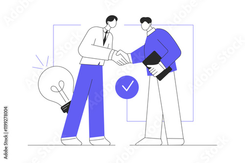 Business making concept. Businessmen shake hands and make deal on partnership, generate new ideas and solutions. Flat Cartoon Vector Illustration, icon. Stylish abstract Modern