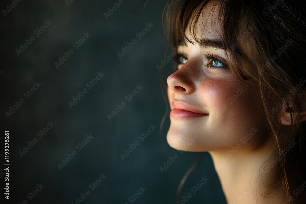Fototapeta premium A young female with a soft smile, gazing into the distance.