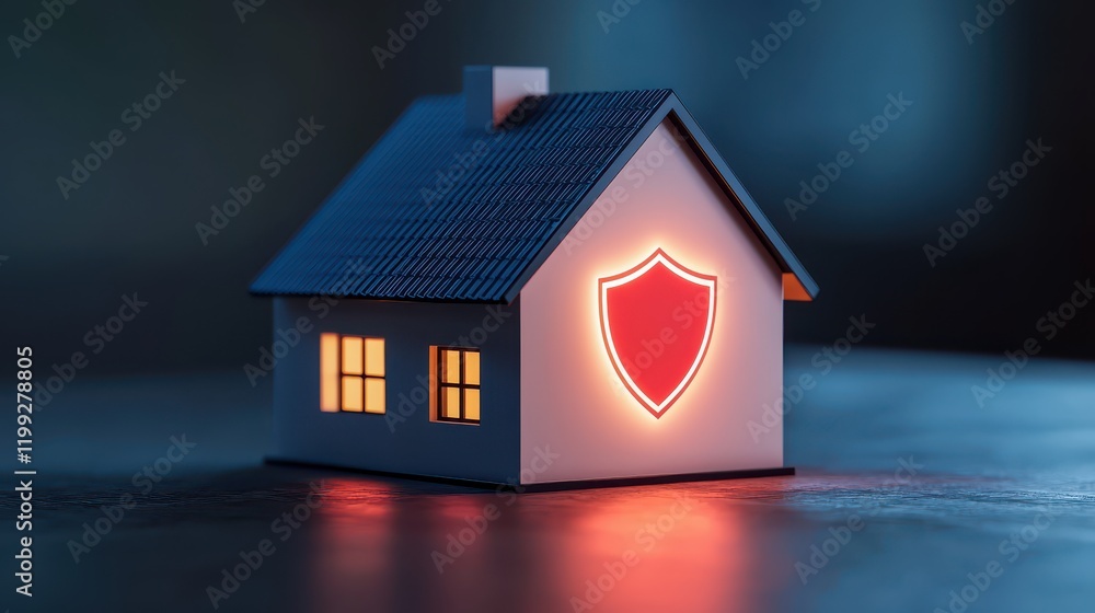 A small house model with a glowing shield symbol, representing home security and safety in a dimly lit environment. A small house model with a glowing shield symbol, representing home security and safety in a dimly lit environment.