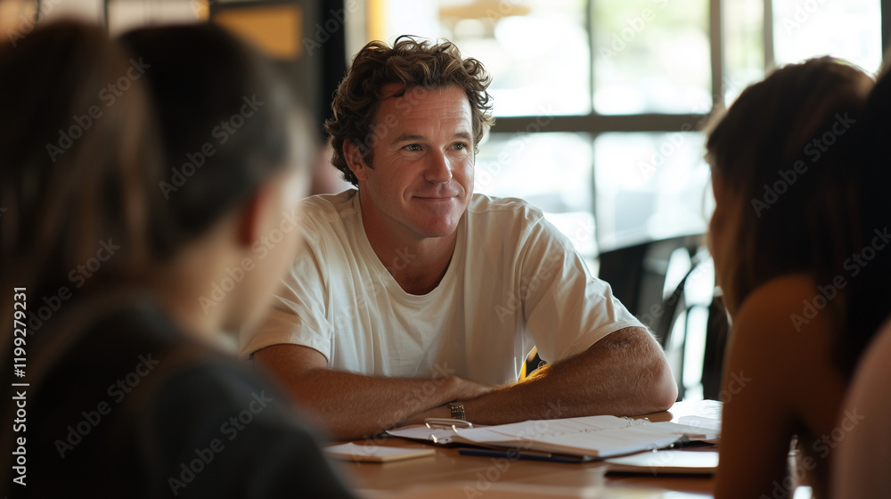 Exam Tutor Helping Students in Coffee Shop Setting Exam Tutor Helping Students in Coffee Shop Setting