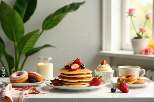 Wallpaper Mural Sweet Delights A Table Setting Featuring Fluffy Pancakes Topped with Fresh Berries, Alongside Donuts and a Creamy Dessert, Enhanced by a Gentle Candlelight Atmosphere Torontodigital.ca