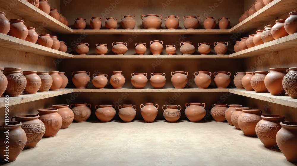 A collection of earthenware vessels arranged on wooden shelves in a pottery workshop A collection of earthenware vessels arranged on wooden shelves in a pottery workshop