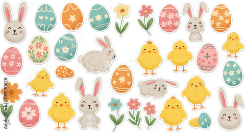 Cute easter animals and eggs pattern with bunnies, chicks, and flowers