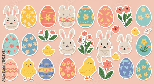 Colorful easter chicks, bunnies, and eggs with floral patterns