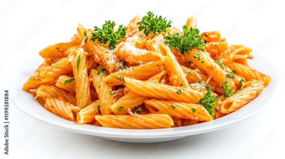 A classic Italian pasta dish garnished with parsley and Parmesan, isolated on a spotless white backdrop, A classic Italian pasta dish garnished with parsley and Parmesan, isolated on a spotless white backdrop,