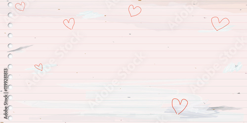 Used old notebook paper background with heart shape doodle line and stained effect graphic illustration have blank space. Valentine's day greeting card childish style. Love letter template.