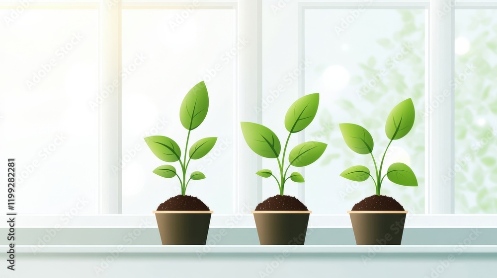 Fresh Green Plants Growing in Pots on a Bright Sunny Window Sill with Natural Light and Soft Background Fresh Green Plants Growing in Pots on a Bright Sunny Window Sill with Natural Light and Soft Background