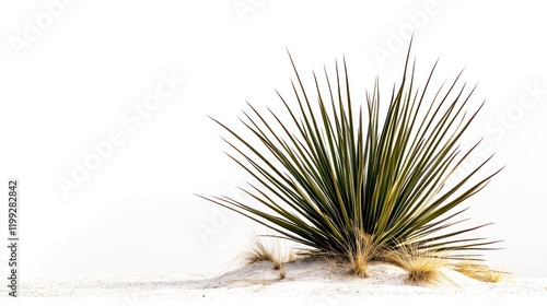 A minimalist desert scene featuring a yucca plant on white sand against a white background