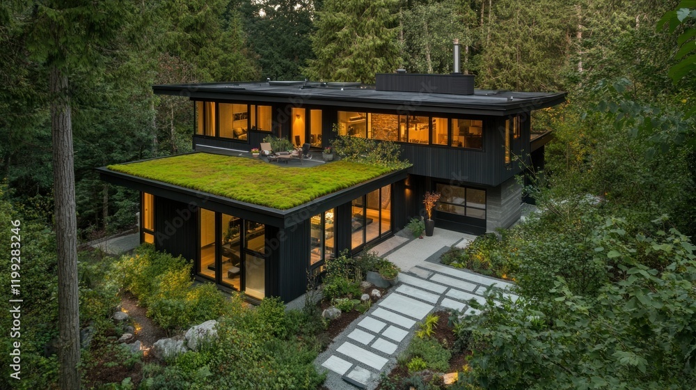 Modern House with Green Roof in the Forest Modern House with Green Roof in the Forest
