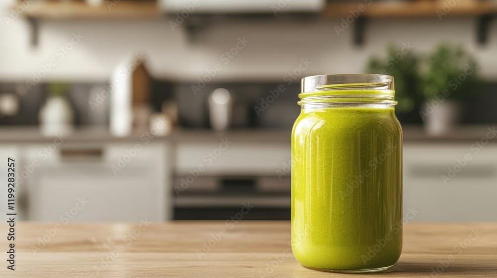 Bright green beverage in glass jar sits on wooden table, showcas Bright green beverage in glass jar sits on wooden table, showcas