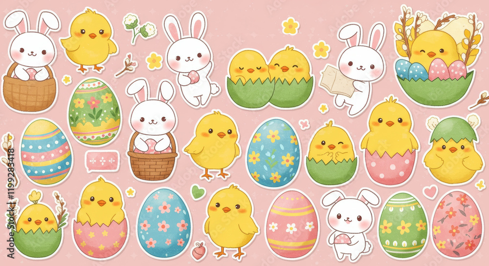 Cute easter bunny and chick characters with colorful eggs on pink background Cute easter bunny and chick characters with colorful eggs on pink background
