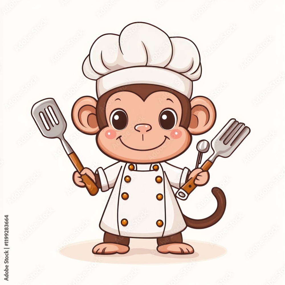 Cartoon monkey chef holds cooking tools on plain background, for kids' books, crafts Cartoon monkey chef holds cooking tools on plain background, for kids' books, crafts