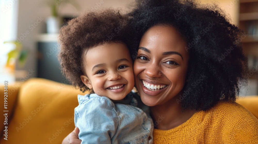 Parent and child enjoying a joyful video call in a cozy living room decorated with warm colors Parent and child enjoying a joyful video call in a cozy living room decorated with warm colors