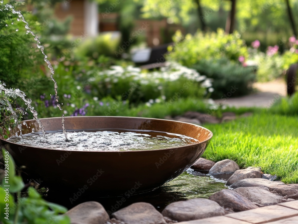 Water flowing into a circular bowl in a garden setting with plants and stones Water flowing into a circular bowl in a garden setting with plants and stones