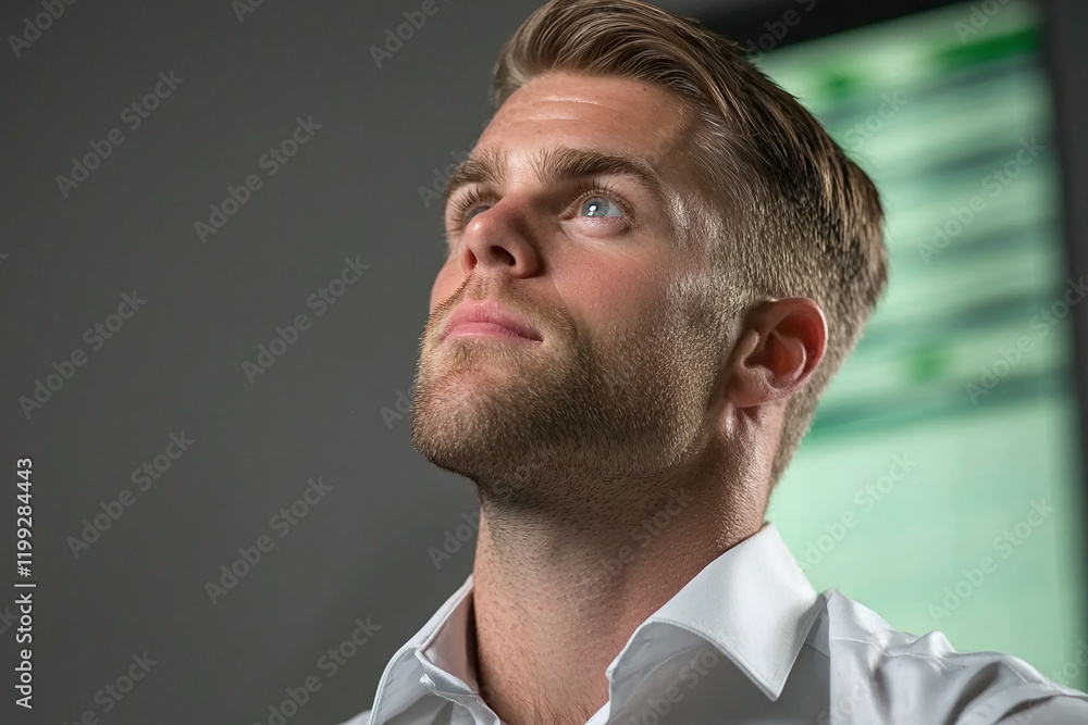 Fototapeta premium professional man with short hair gazes upward, showcasing determination and focus. His white shirt contrasts with dark background, creating striking image of ambition