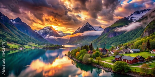 Surreal Mountain Landscape Skjolden Norway May 2023 photo