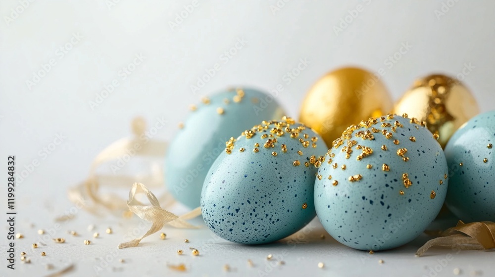 Fototapeta premium Luxurious Easter composition with pastel blue and golden painted eggs decorated with glitter on light background. Elegant holiday celebration concept with copy space.