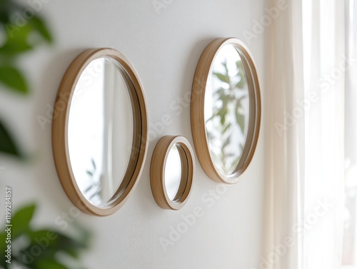 Three round wooden framed mirrors hang on a white wall with a blurred plant in foreground photo