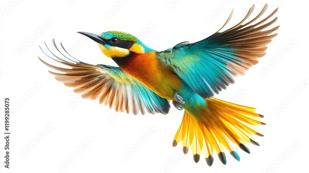 Obraz premium A colorful bird with wings spread mid-flight, isolated against a seamless white background,