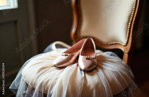 Bridal shoes in soft pink sit on a tulle-covered seat, showcasing elegance in a softly lit, vintage setting photo