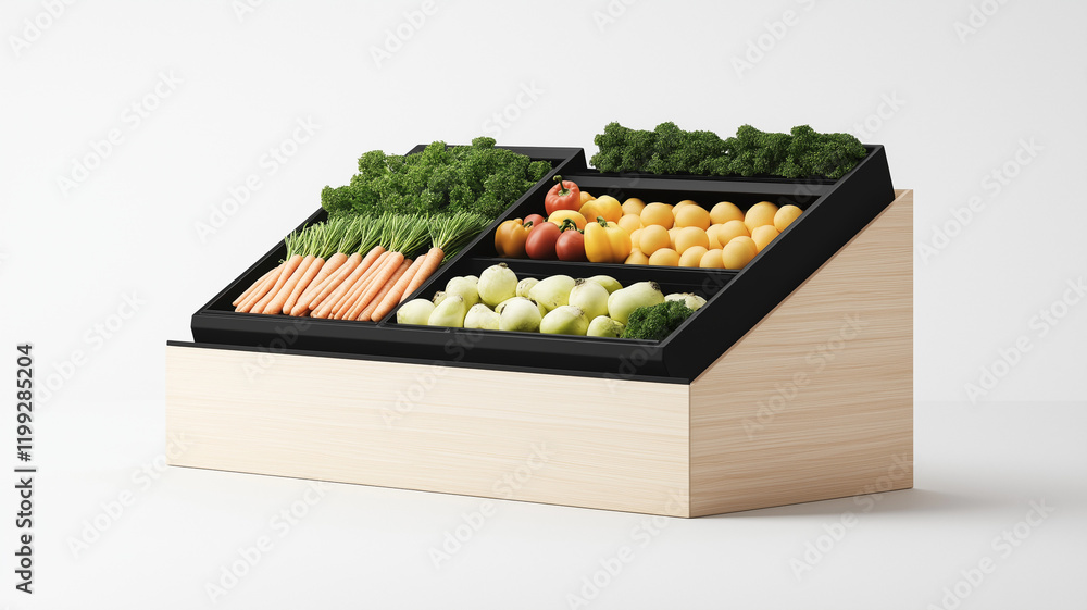 A wooden display case with a variety of fruits and vegetables A wooden display case with a variety of fruits and vegetables