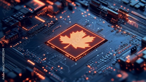 Canadian Tech Innovation - Representing nature, technology, advancement, creativity, and national pride. A maple leaf etched onto a microchip photo