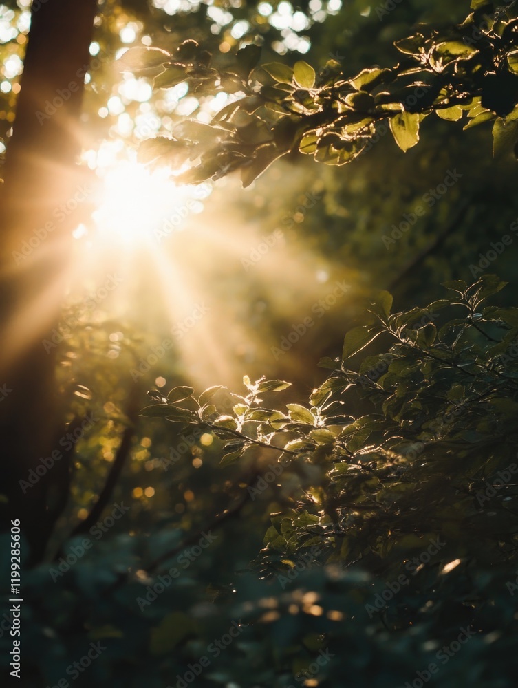 Fototapeta premium Shaft of sunlight through forest foliage