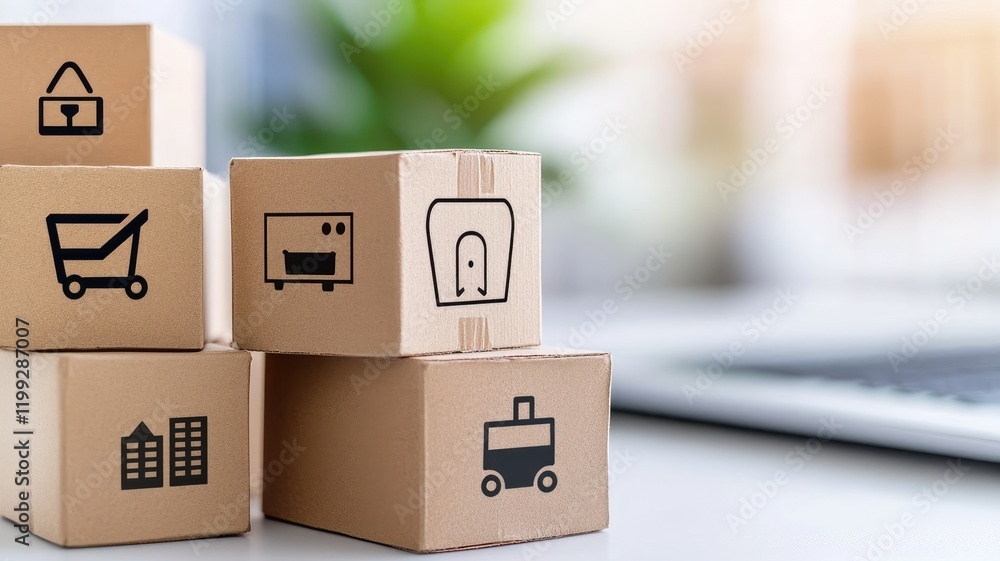 Fototapeta premium Stacked cardboard boxes with icons representing different online shopping products