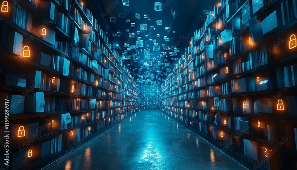 Obraz premium Files and documents floating in a virtual cloud, surrounded by glowing locks and shields indicating encryption, Data Security in a Virtual Cloud