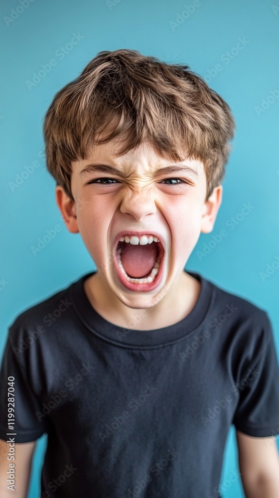 Portrait of young boy screaming with intense emotion against turquoise background, wearing dark t-shirt, showing natural expression of anger or excitement in studio setting. Portrait of young boy screaming with intense emotion against turquoise background, wearing dark t-shirt, showing natural expression of anger or excitement in studio setting.