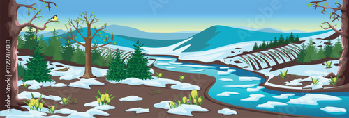Panoramic spring landscape with river, mountains, forest, fields, melting snow and crocuses. Beautiful spring background illustration. Vector
