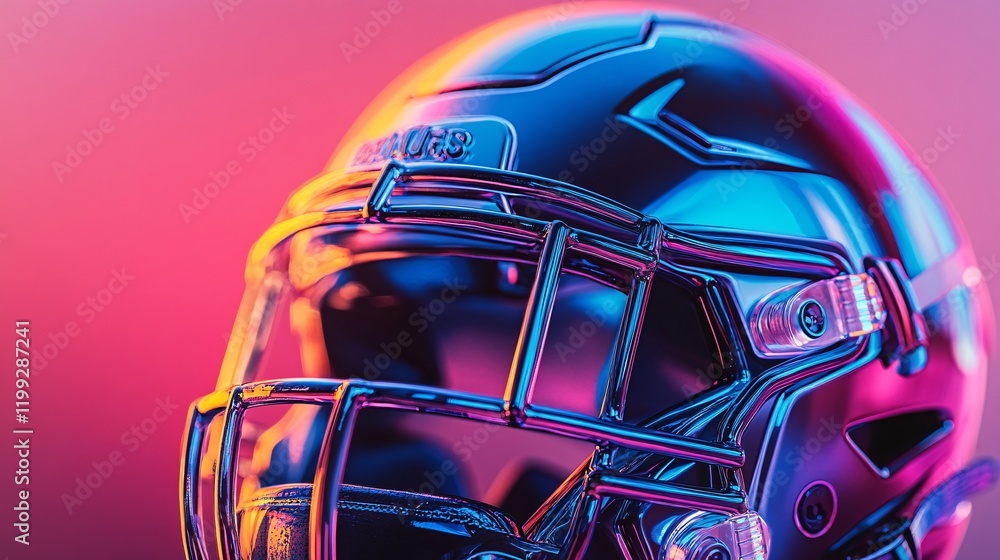 Detailed close-up of a colorful football helmet on a gradient background, highlighting its structure and vibrant colors for a dynamic sports look. Detailed close-up of a colorful football helmet on a gradient background, highlighting its structure and vibrant colors for a dynamic sports look.
