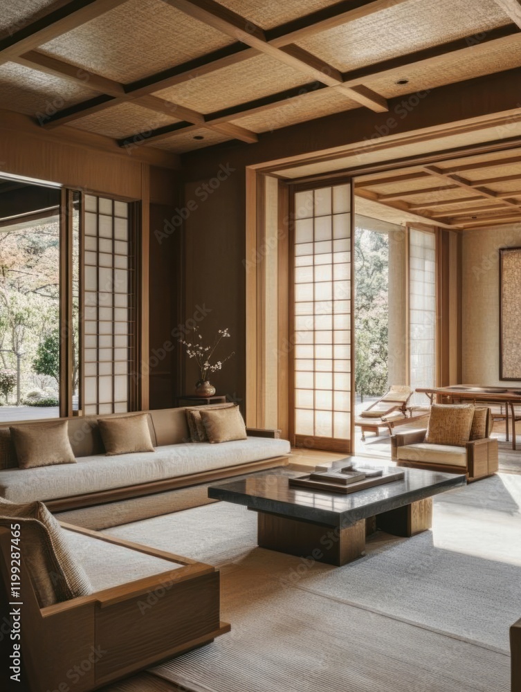 Serene Minimalist Living Room With Wooden Accents And Garden Views Serene Minimalist Living Room With Wooden Accents And Garden Views
