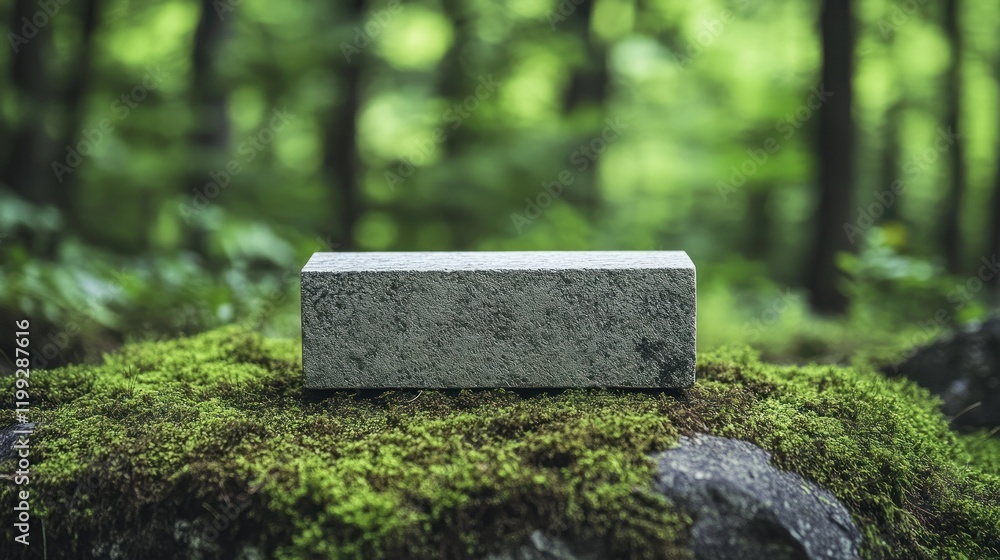 Stone Block on Mossy Rock in Lush Forest Stone Block on Mossy Rock in Lush Forest